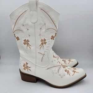 SheSole White Embroidered Flowered Western Cowboy Boots Women Size 38/7.5